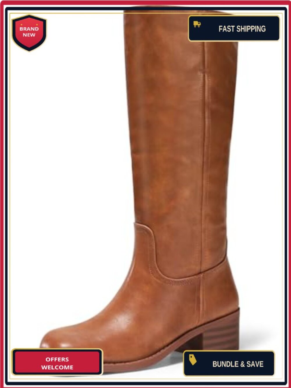 Women's Knee High Square Toe Chunky Block Heel Boots Faux Leather Pull-On